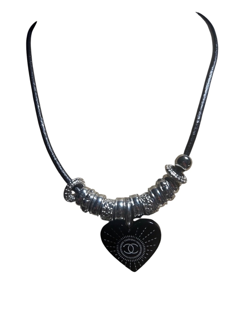 CC Black Heart Pendant Necklace with Silver Bead Accents